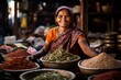 Indian woman homemaker the spices market looking at the camera. Banner