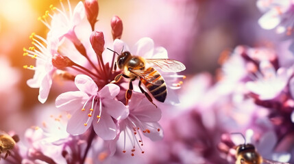 Bees working on a bright sunny day with beautiful bokeh Beautiful colorful summer spring natural flower background. 