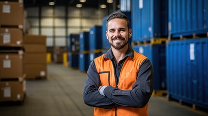 An engineer wearing PPE stands with his arms crossed and smiling looking at the camera in a warehouse with a shipping container in the background.