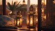 Generative AI image of close-up shot of lanterns in cozy balcony, modern exotic fusion of Mediterranean and Moroccan-style.