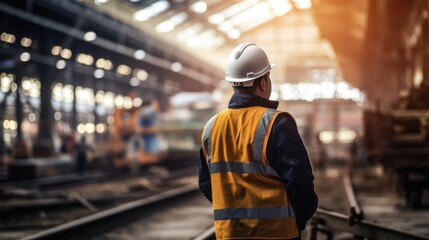 Chief engineer construction worker wearing uniform and helmet at factory station In the background, a team of three people stood at a distance from the construction site.