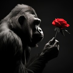 Wall Mural - Generative AI image of a black and white photo of a gorilla holding a red flower