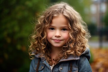 Poster - Portrait of a cute little girl with curly hair in the park