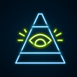 Glowing neon line Masons symbol All-seeing eye of God icon isolated on black background. The eye of Providence in the triangle. Colorful outline concept. Vector