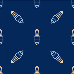 Wall Mural - Line Car spark plug icon isolated seamless pattern on blue background. Car electric candle. Vector