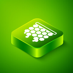 Canvas Print - Isometric Honeycomb icon isolated on green background. Honey cells symbol. Sweet natural food. Green square button. Vector