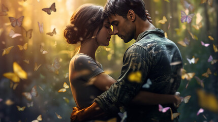 Soldier holds his beloved girl tightly, loving couple surrounded by fluttering butterflies on nature background, joy of soldier reuniting alive from war, loving family reunion after horrors of war