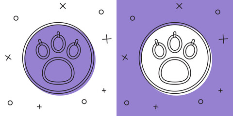 Poster - Set Paw search icon isolated on white and purple background. Magnifying glass with animal footprints. Vector