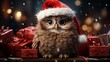 cute owl in santa hat on christmas