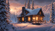 A solitary cabin nestled in a snowy forest at night, smoke gently rising from the chimney, with warm light spilling through frost-kissed windows.