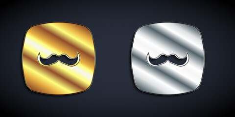 Sticker - Gold and silver Mustache icon isolated on black background. Barbershop symbol. Facial hair style. Long shadow style. Vector