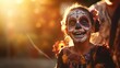 Happy child with colorful skull face celebrating Day of the Dead