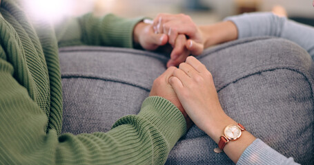 Poster - Closeup, home and couple with love, holding hands and support with romance, bonding together and relax. Romantic, man and woman with connection, affection and marriage with relationship and apartment