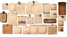 Aged Paper Sheets, Books, Pages And Old Postcards Isolated On White Background. Vintage Photo Frames. Antique Clipboard And Photo Corner. Generative AI.