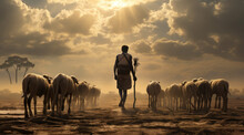 African Shepherd Walking With His Sheeps 
