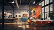A digital art gallery lining the office walls, with changing themes and interactive elements.