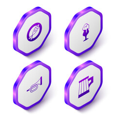 Wall Mural - Set Isometric Dried fish, Glass of beer, Trumpet and Wooden mug icon. Purple hexagon button. Vector