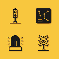 Wall Mural - Set Train traffic light, Railroad crossing, Flasher siren and Railway map icon with long shadow. Vector