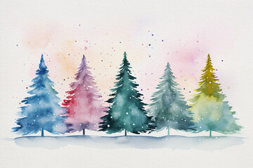 pretty watercolour multicoloured vibrant illustration of christmas fir trees, great for social media