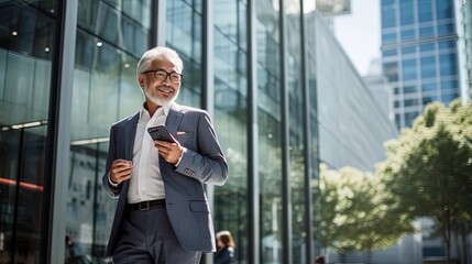 asian businees man stand with phone and coffee in the business district at the street