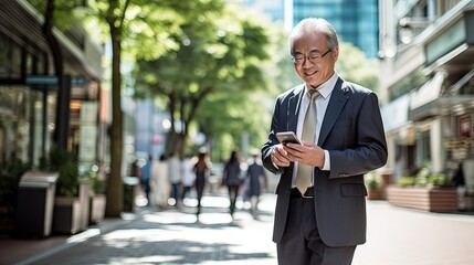 asian businees man stand with phone and coffee in the business district at the street