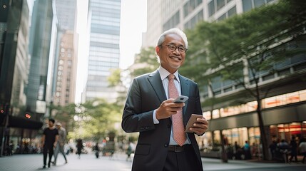 asian businees man stand with phone and coffee in the business district at the street