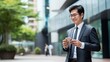 © kittikunfoto - asian businees man stand with phone and coffee in the business district at the street