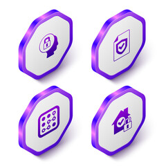 Poster - Set Isometric Lock, Contract with shield, Graphic password protection and House under icon. Purple hexagon button. Vector