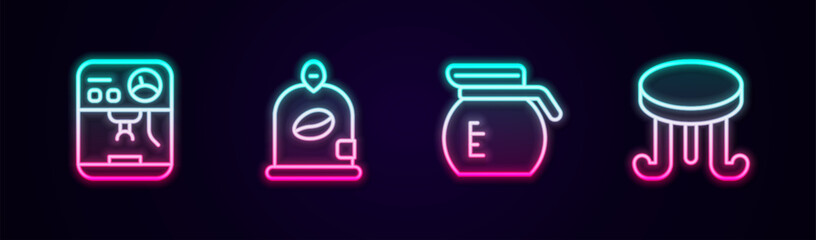 Wall Mural - Set line Coffee machine, Bag coffee beans, pot and table. Glowing neon icon. Vector