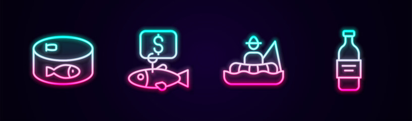 Wall Mural - Set line Canned fish, Price tag for, Fisherman in boat and Bottle of vodka. Glowing neon icon. Vector