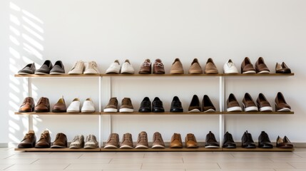 Poster - A row of shoes on a shelf in front of the wall, AI