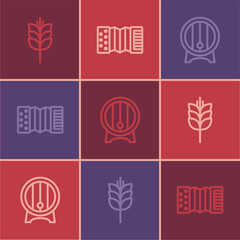 Sticker - Set line Wheat, Wooden barrel on rack and Accordion icon. Vector