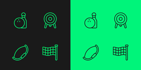 Poster - Set line Checkered flag, Medieval bow, Bowling pin and ball and Target sport icon. Vector