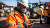 Fototapeta Na ścianę - Black African mining construction worker with smartphone