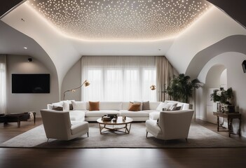 Vaulted ceiling in a room with two white sofas and armchairs Interior design of modern living room