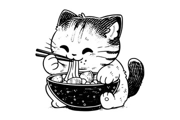 Wall Mural - Cute cat eats noodles hand drawn ink sketch. Vector illustration