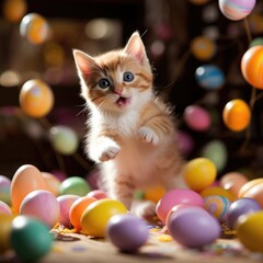 Canvas Print - A kitten is playing in a pile of colorful easter eggs, AI