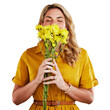Isolated woman, smelling yellow flowers and thinking with spring, present and transparent png background. Girl, plants or floral arrangement with scent for memory, ideas and birthday with bouquet