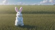Cute easter bunny in a grass field garden with vast depth of field. Outdoor sunny natural light and shadow.