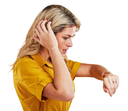 Wristwatch, late and woman check time with stress, shock and panic on isolated transparent png background. Face, surprise and expression for anxiety, confused and anxious for waiting, scared and hand