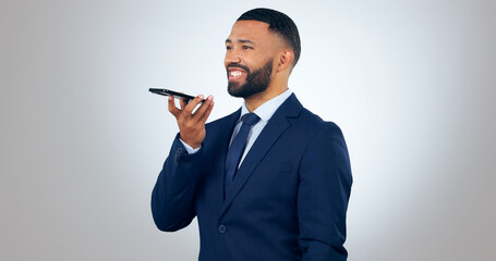 Poster - Phone call, voice note and business man in studio for internet, speaker and social media. Corporate, professional and person on smartphone for communication, talking and networking on gray background