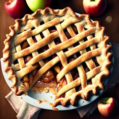 Poster - AI-generated illustration of a tasty apple pie on a white plate on a wooden table