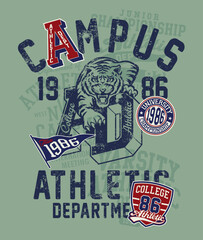 Wall Mural - Vintage Campus college athletic department symbols vector print for boy kid t shirt with embroidery applique patches grunge effect in separate layers