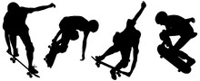 Silhouettes In Black Of Four Skateboarders Doing Tricks, Isolated 