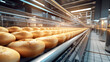 Automated conveyor belt moves bread in a bakery. ai generative