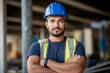 © id512 - successful mixed race construction site worker in blue hard hat standing with arms crossed and thinking on blurry background