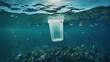 © Oleksandr - plastic cup floating underwater in the ocean sea pollution by garbage plastic problem. ai generative