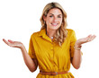 Portrait, shrug and woman with a smile in studio for confused and decision isolated on a png transparent background. Face, female person and happy, doubt or unsure with choices, hand gesture or emoji