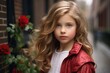 portrait of a beautiful little girl with long curly hair in a red jacket