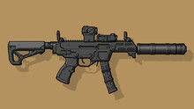 Close-up Of A Black VPO 185 Rifle With A Silencer On An Isolated Brown Background. Art Line